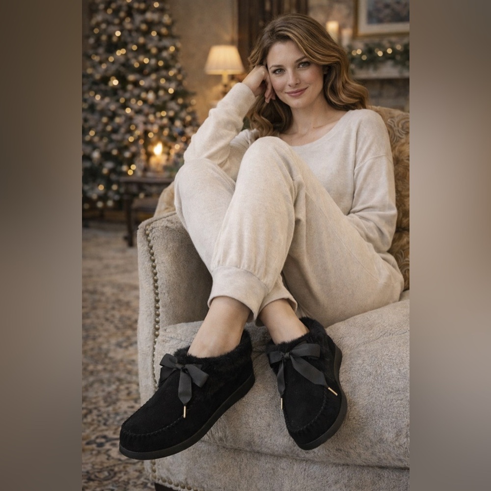 Tory Burch Aberdeen Shearling Slippers Black Suede Bow NIB Size 8